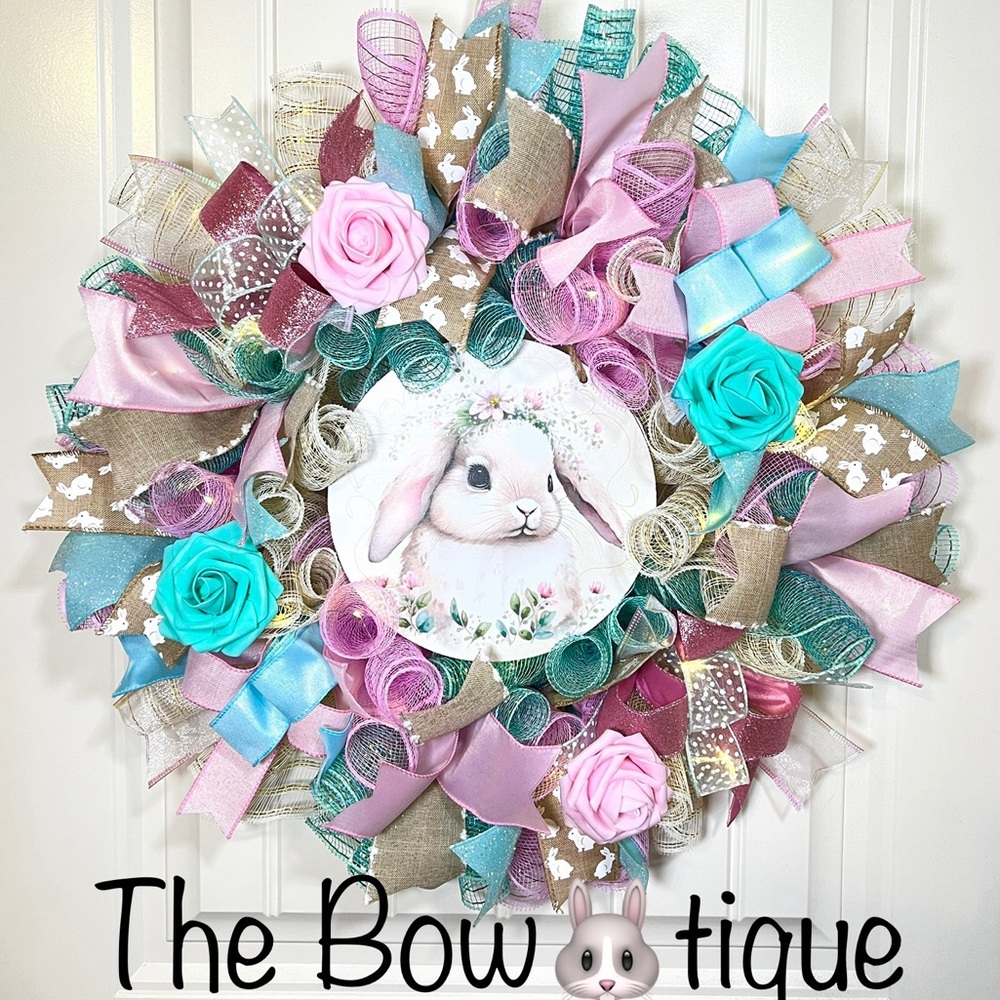 Handmade Spring or Easter Bunny Prelit Ribbon Wreath 22 in LED W22